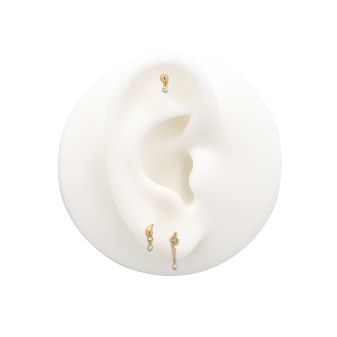 Trident 24kt Gold PVD Titanium Threadless Droplet w CZ Hanging Round Stone Attachment