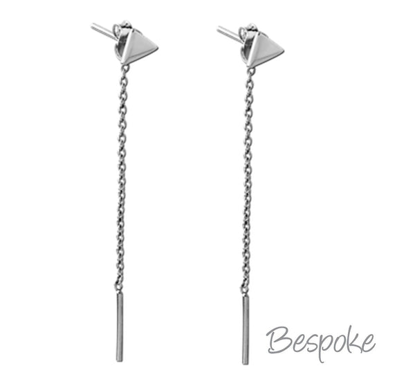 Bespoke Silver .925 Triangle Earring Stud Pair w Chain Hanging Bar