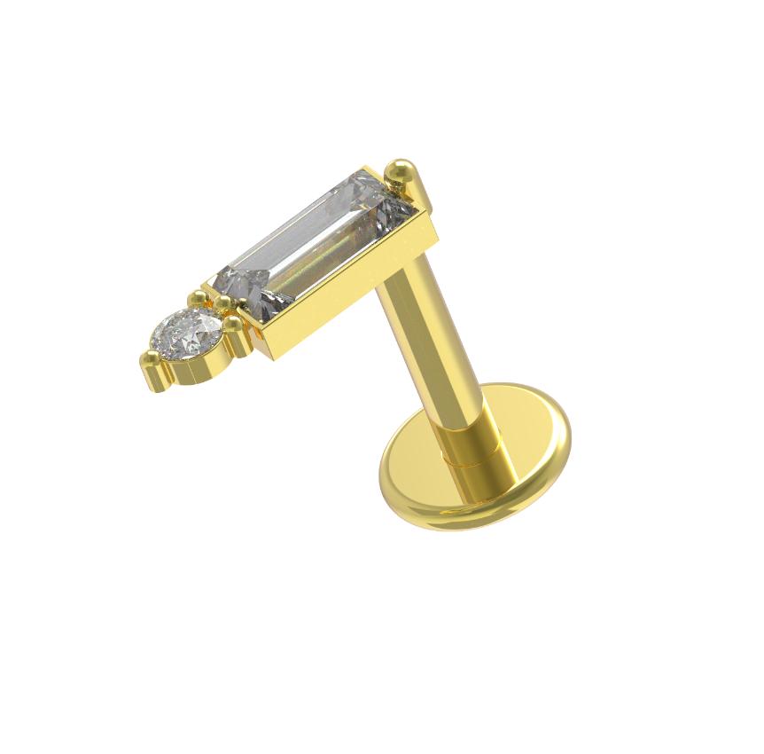Gold PVD Tragus Baguette w 1 Round Stone 1.2 x 6mm