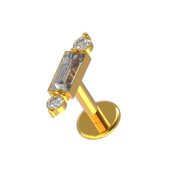 Gold PVD Tragus Baguette w Round Stone 1.2 x 6mm