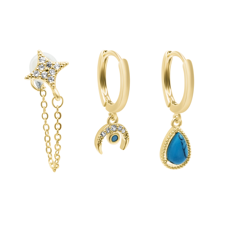 Bespoke Ear Stack 7 - Star Stud Chain | Moon Blue Stone | Turquoise Stone