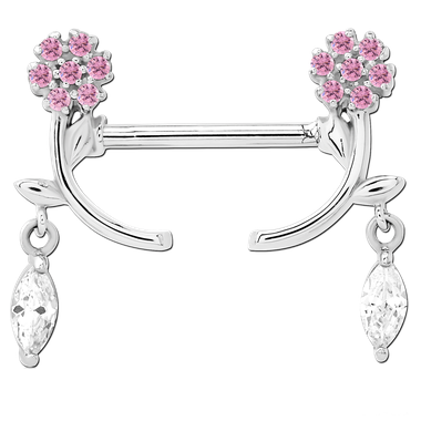 Internally Threaded Jewelled Pink Flower Dangle Nipple Bar